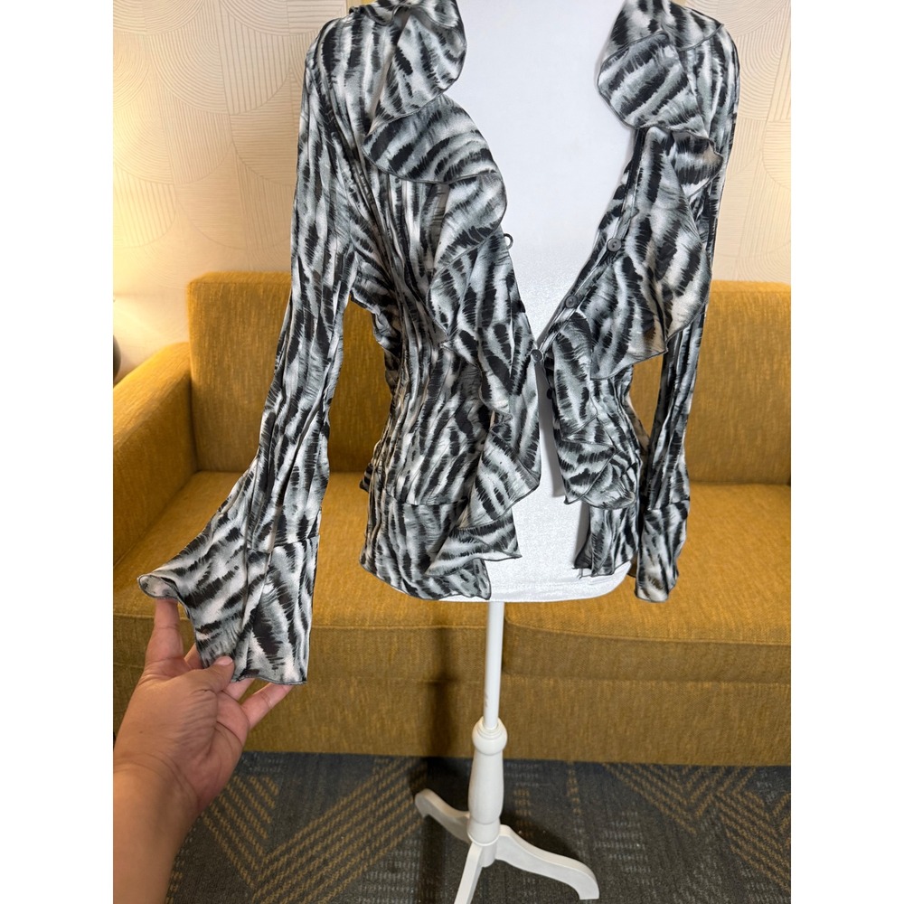 Bethany Ruffle Front Blouse Grey Black Zebra Print Bell Sleeve Top Medium 8/10 - Picture 4 of 7